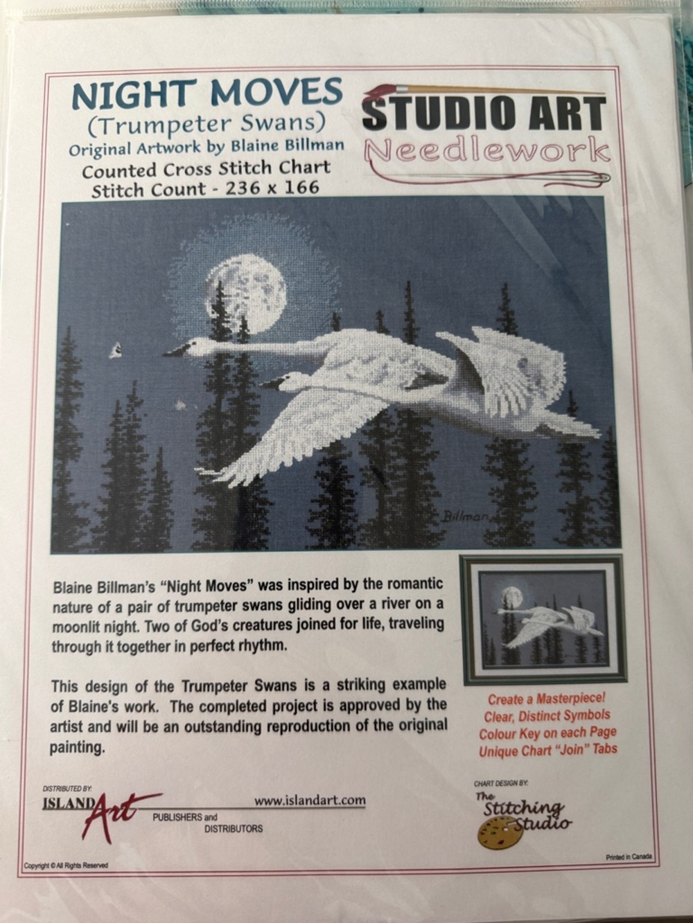 "Night Moves" Trumpeter Swans Cross Stitch Chart  pattern